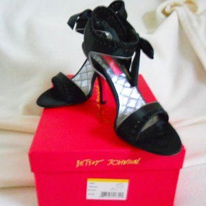 Betsey Johnson 6 1/2 Black Satin Stiletto Heels Carissa Ribbon Tie at Ankles
